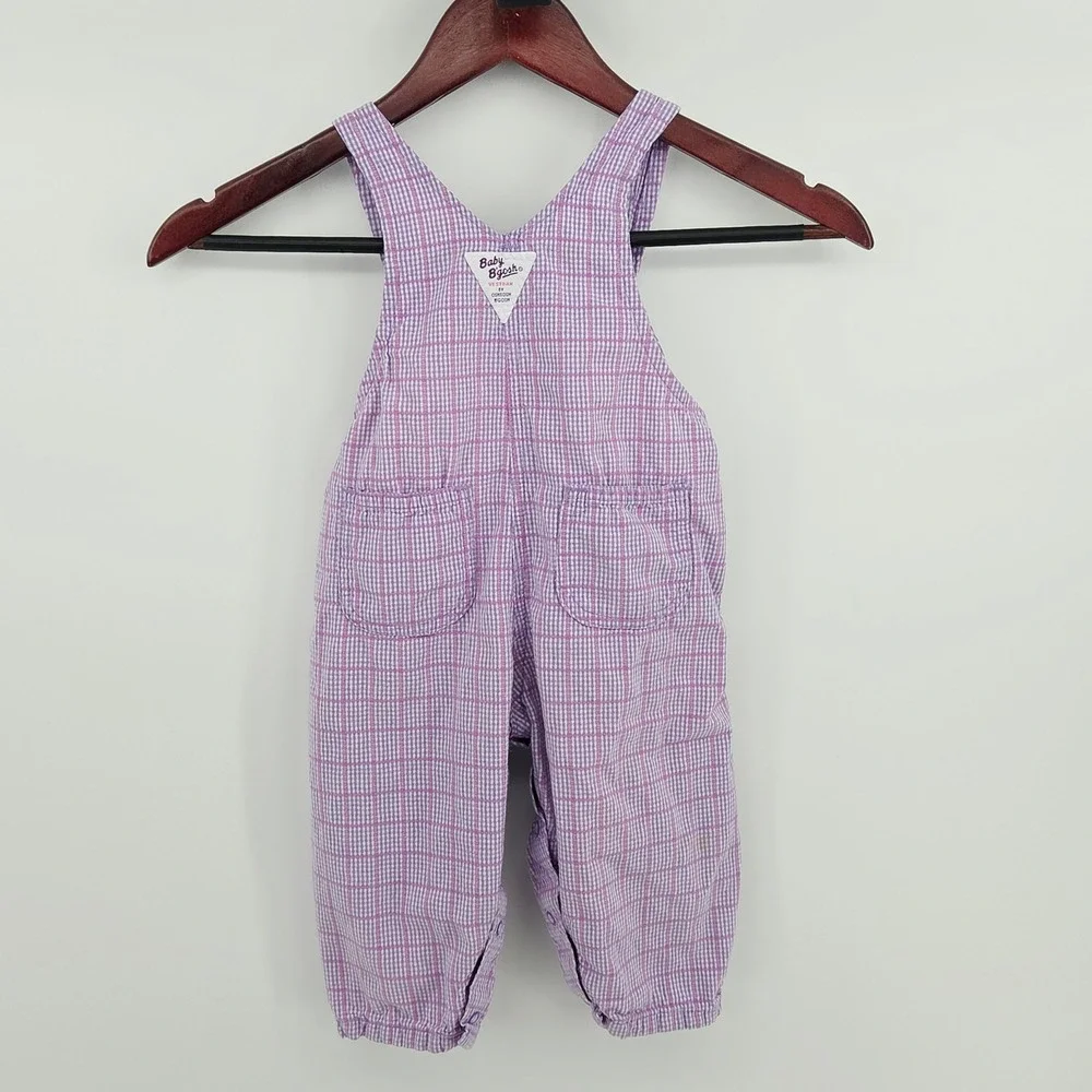 OshKosh Bgosh Vintage Baby Girls Purple Gingham Plaid Retro Overalls Vintage 18M